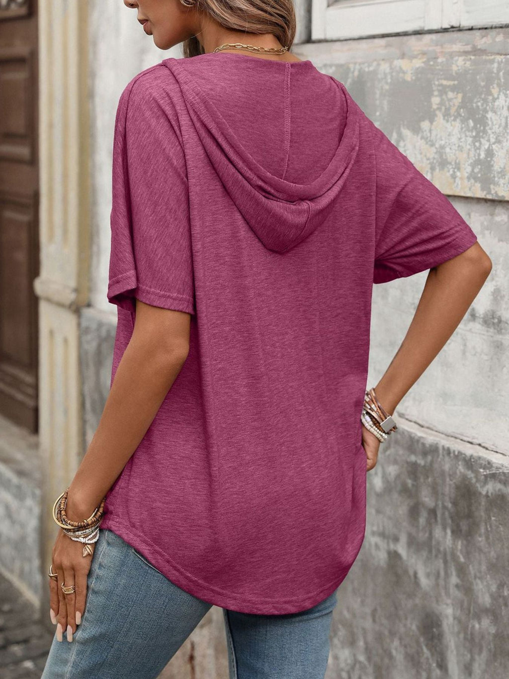 Women's Casual Short Sleeve V-Neck Hooded T-Shirt in Purple