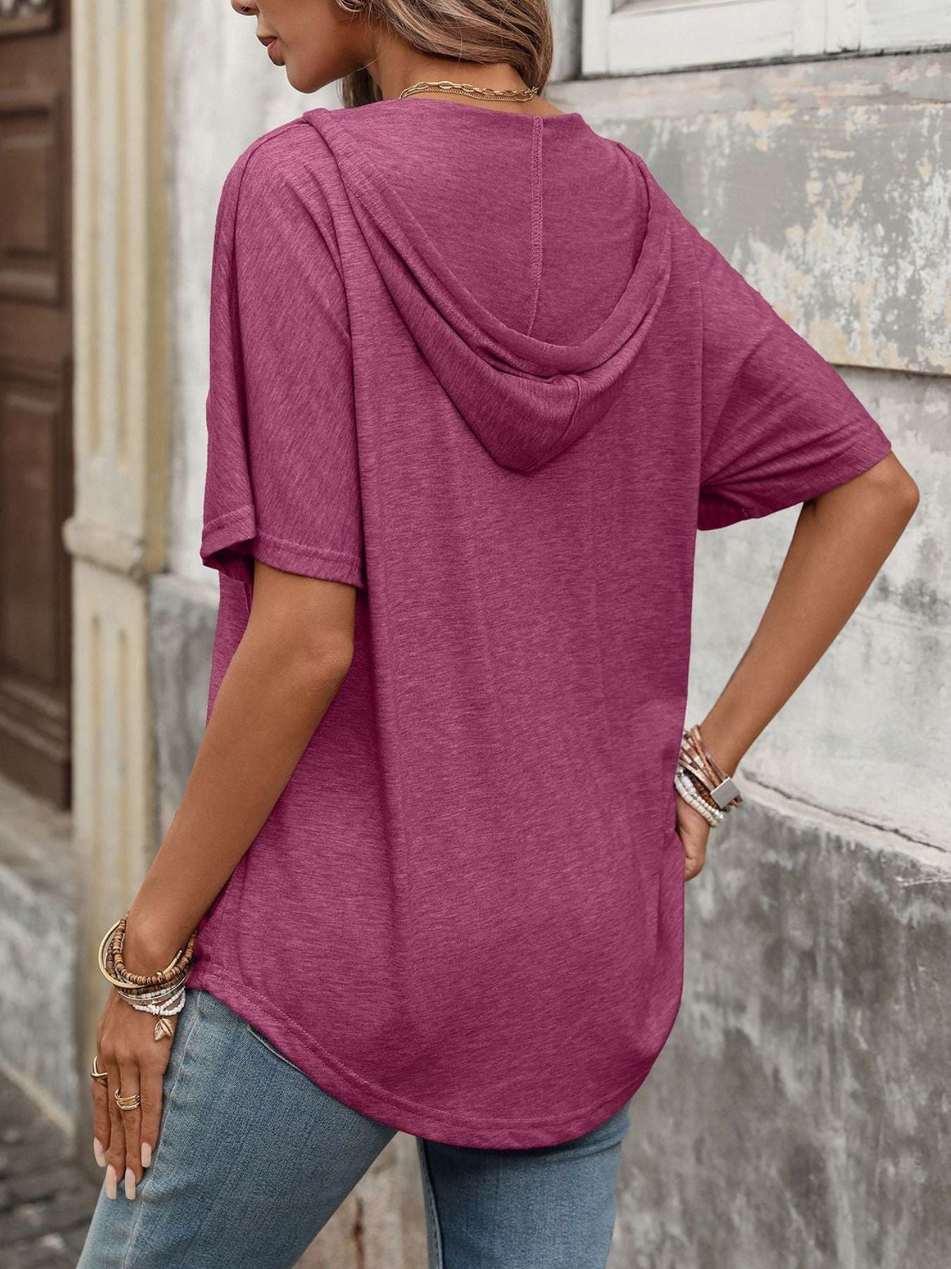 Women's Casual Short Sleeve V-Neck Hooded T-Shirt in Purple