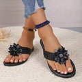 Black Floral Braided Thong Sandals Flat Summer Beach Shoes