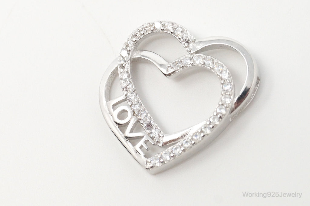 Vintage Open Heart Cubic Zirconia Sterling Silver Necklace Pendant
