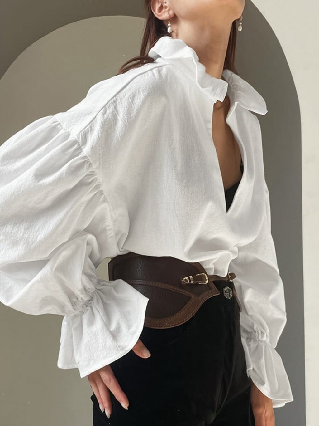 White Notched Flounce Sleeve Blouse