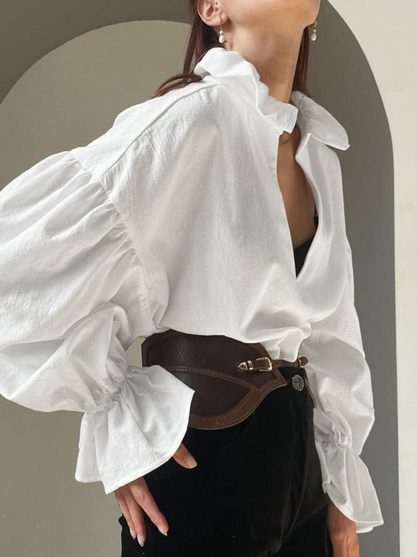 White Notched Flounce Sleeve Blouse