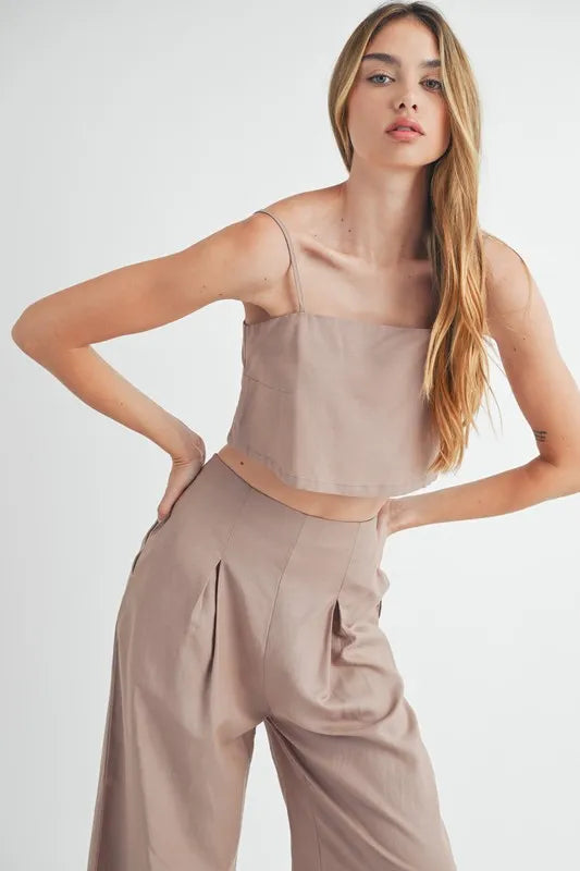 MABLE Linen Mix Crop Cami and Wide Leg Pants Set