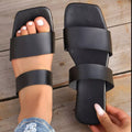 Women's Black Double Strap Open Toe Flat Sandals