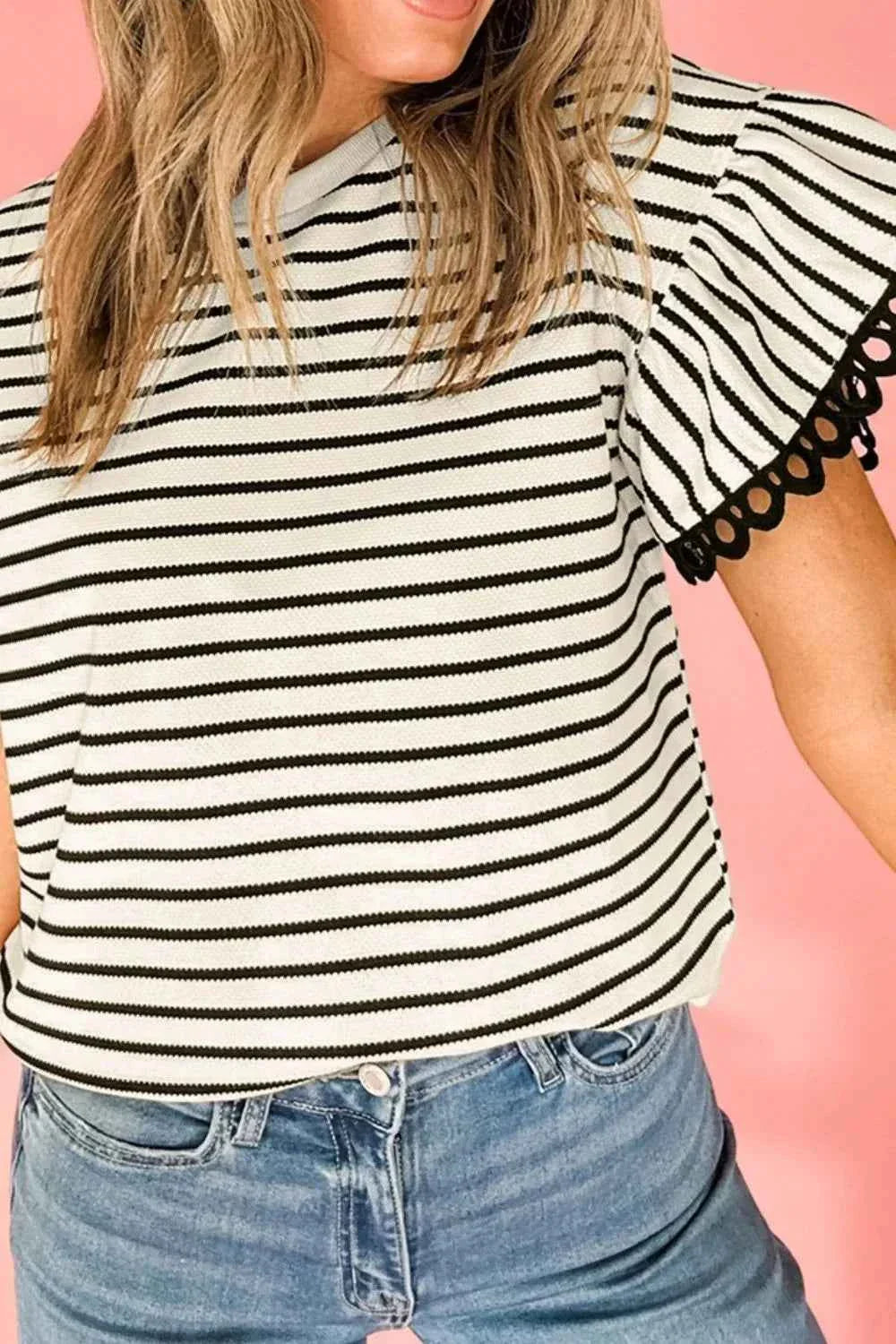 Striped Ruffle Sleeve Round Neck Blouse