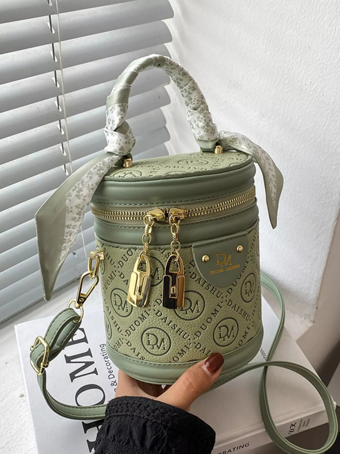 Sage Green Small Bucket Bag with Crossbody Strap and Silk Scarf