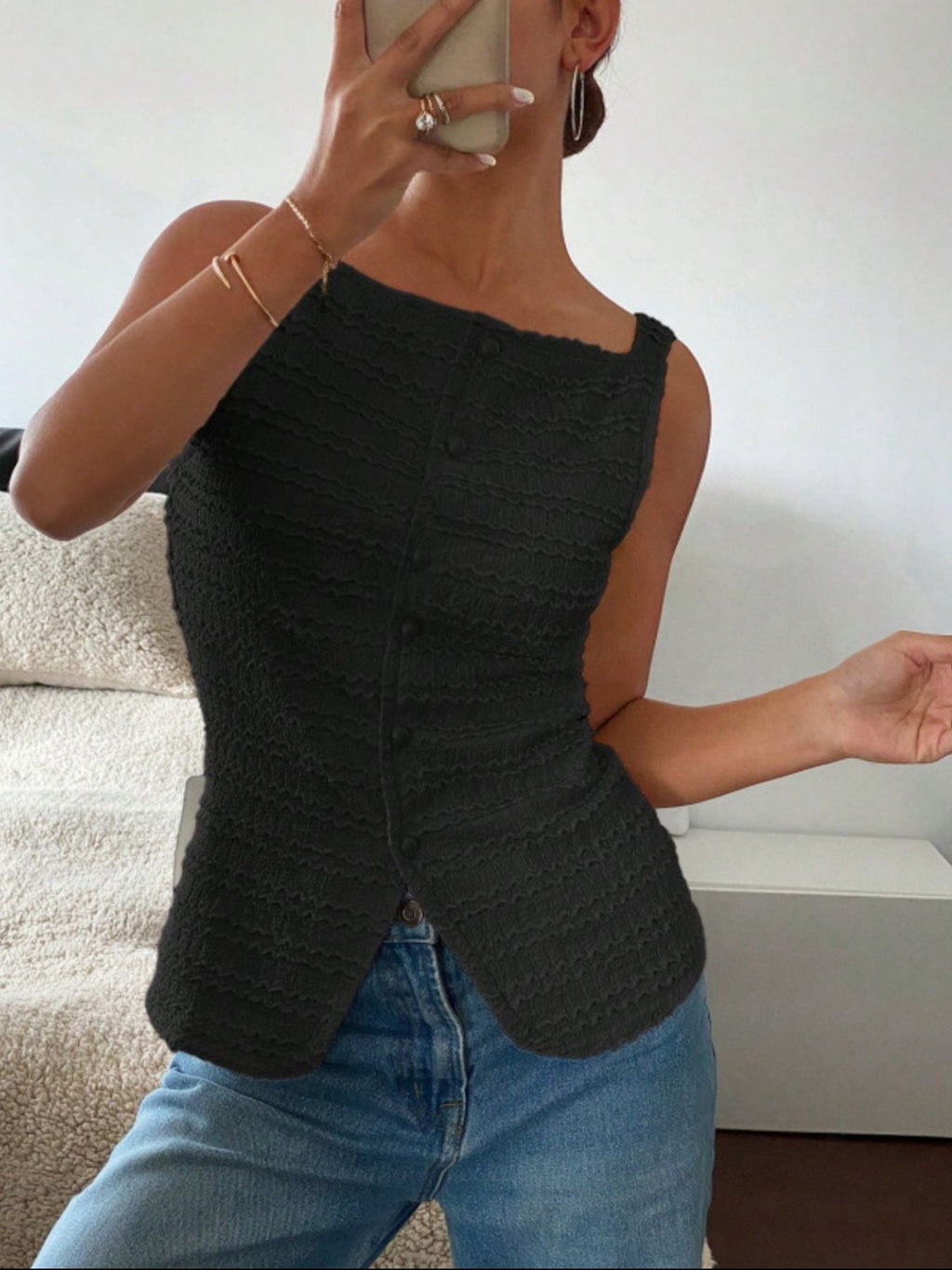 Women's Textured Button-Front Knit Tank Top