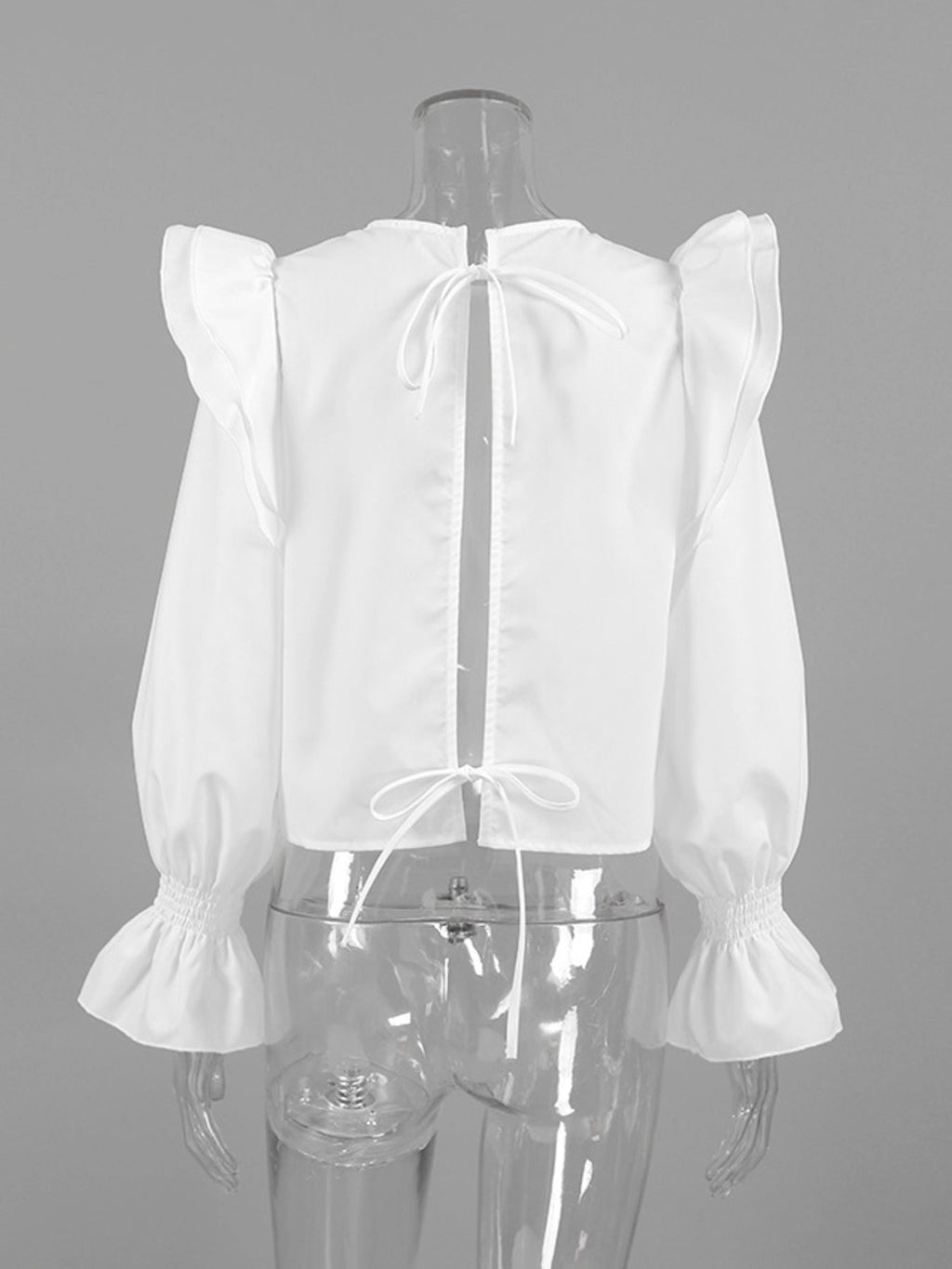 Women's White Ruffle Trim Long Sleeve Blouse with Tied Back