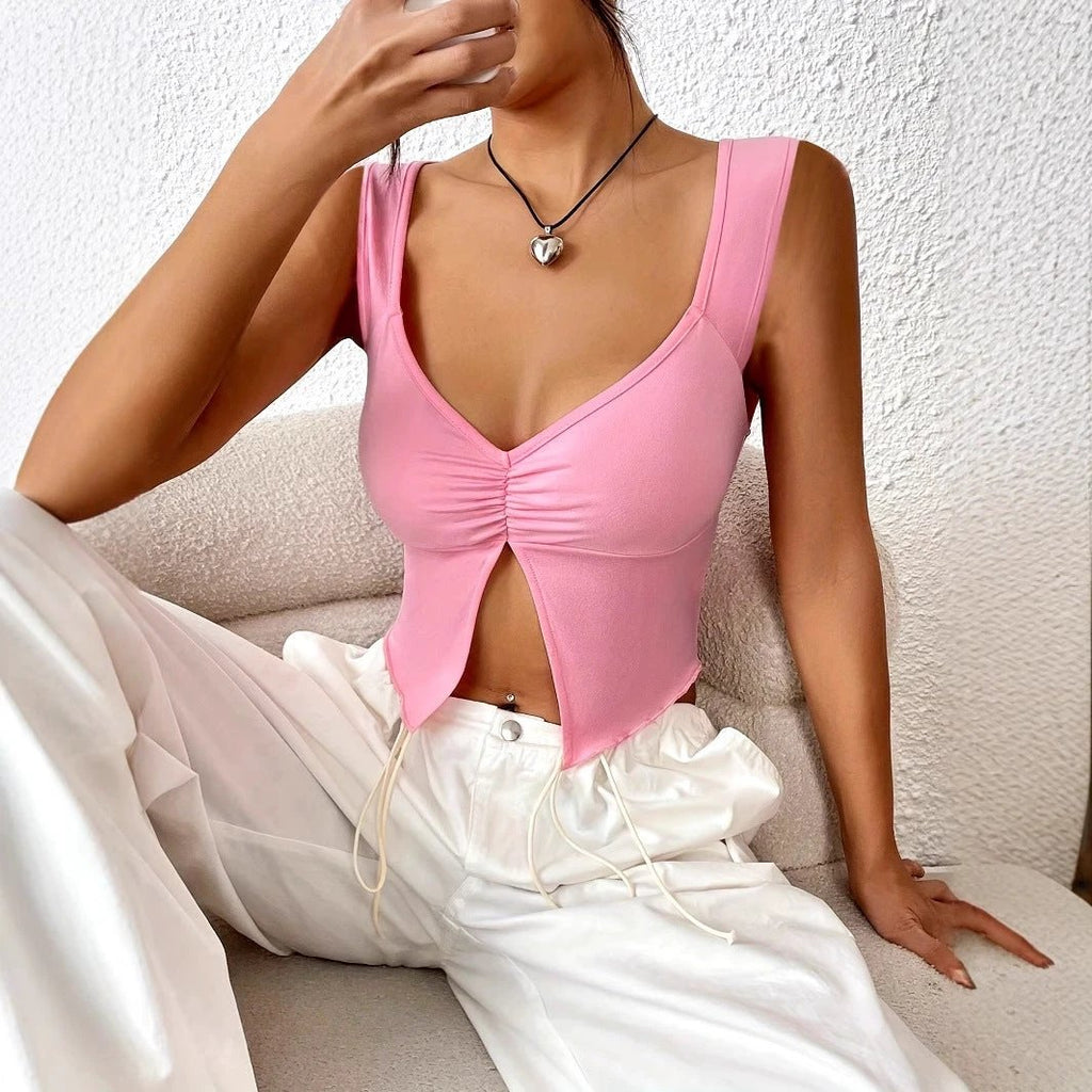 Women's Solid Color Summer Camisole With Slit Hem And Temperament Vest Top