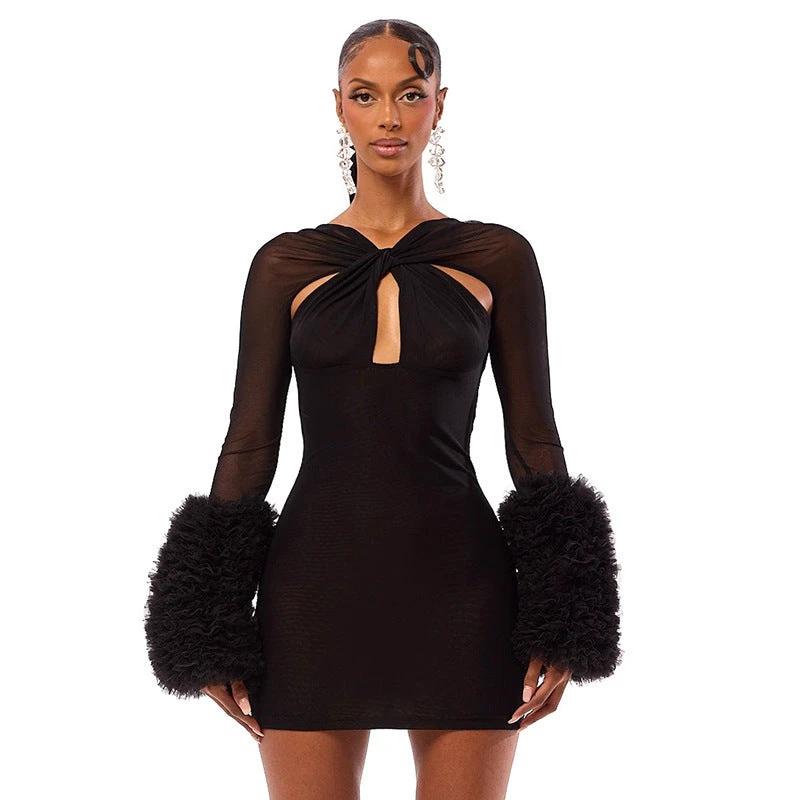 Mesh Cross Hollow-out Long Sleeve Plush Sleeve Slim-fit Sheath Dress