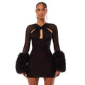 Mesh Cross Hollow-out Long Sleeve Plush Sleeve Slim-fit Sheath Dress