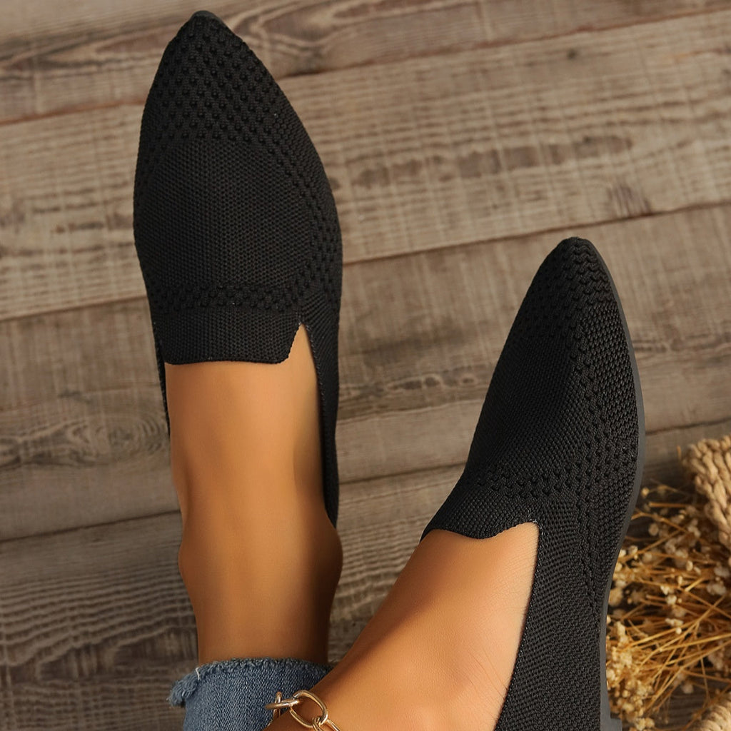 Women's Black Pointed-Toe Mesh Slip-On Flats Breathable Shoes