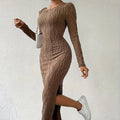 Women's Crew Neck Long Sleeve Ribbed Dress Side Slit Knit Bodycon Midi Dress