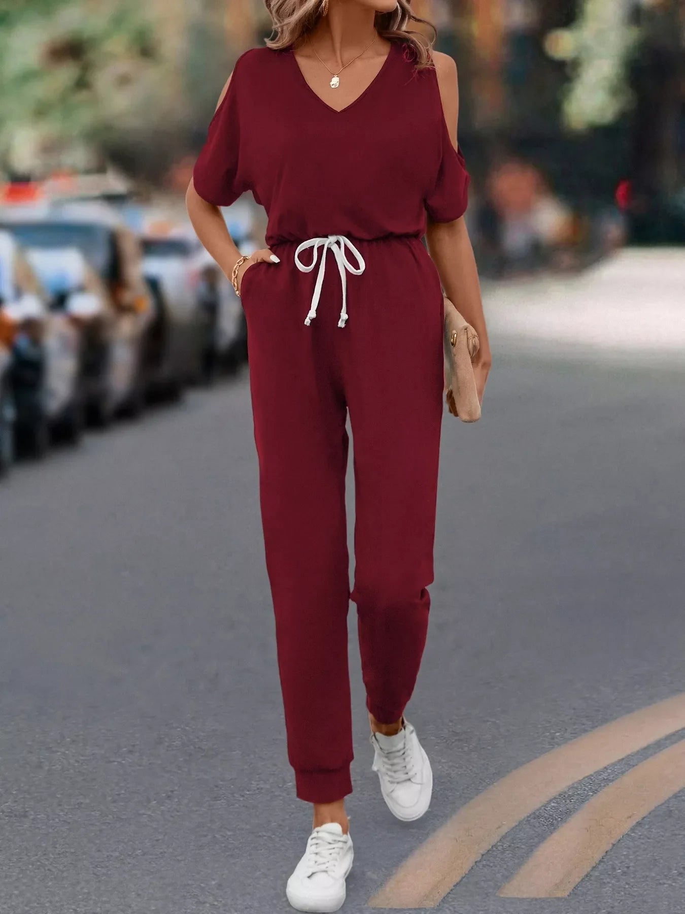 Women's Cold Shoulder V-Neck Jumpsuit – Pocketed Stretch Fit