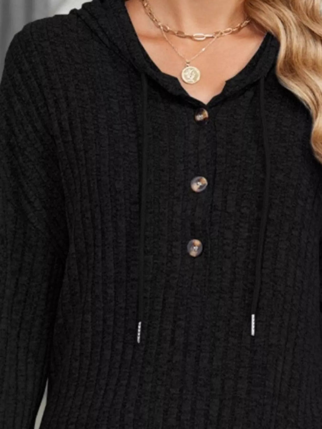 Women's Black Ribbed Knit Hoodie with Functional Button Detail