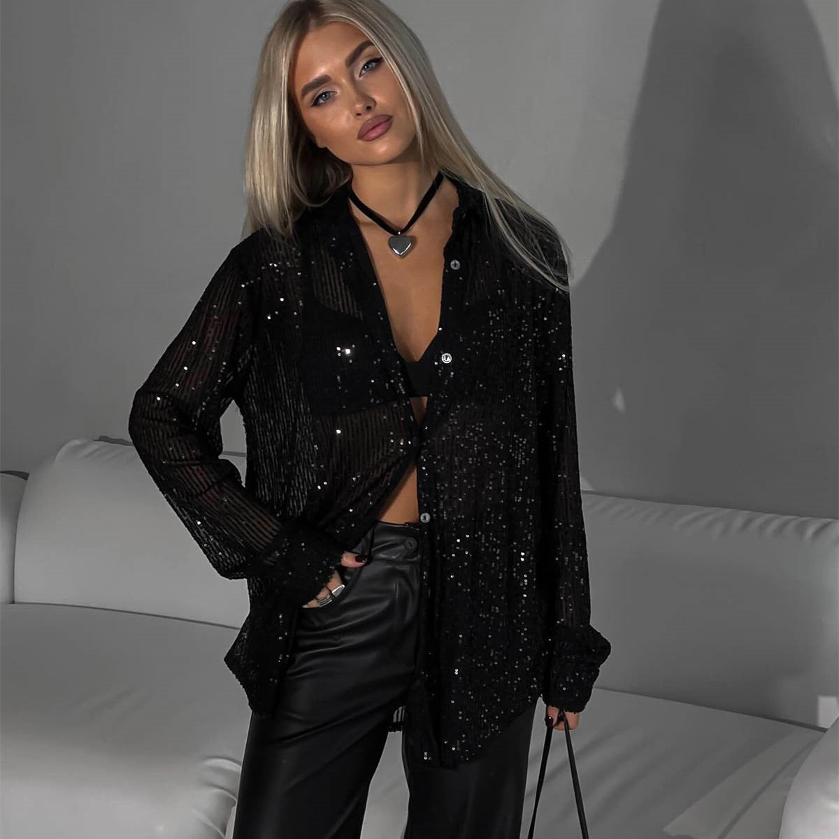 Sequin Lapel Long Sleeve Shirt See size chart under “more details”