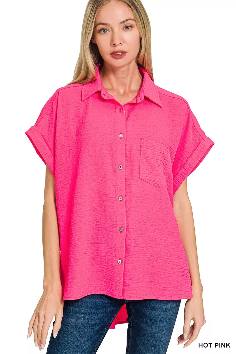 Zenana Woven Airflow Button Down Shirt