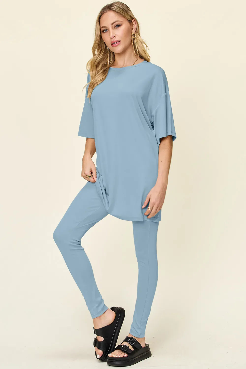 Women Two Piece T Shirt And Leggings Set With Dropped Shoulder Round Neck Full Size Comfortable Everyday Casual