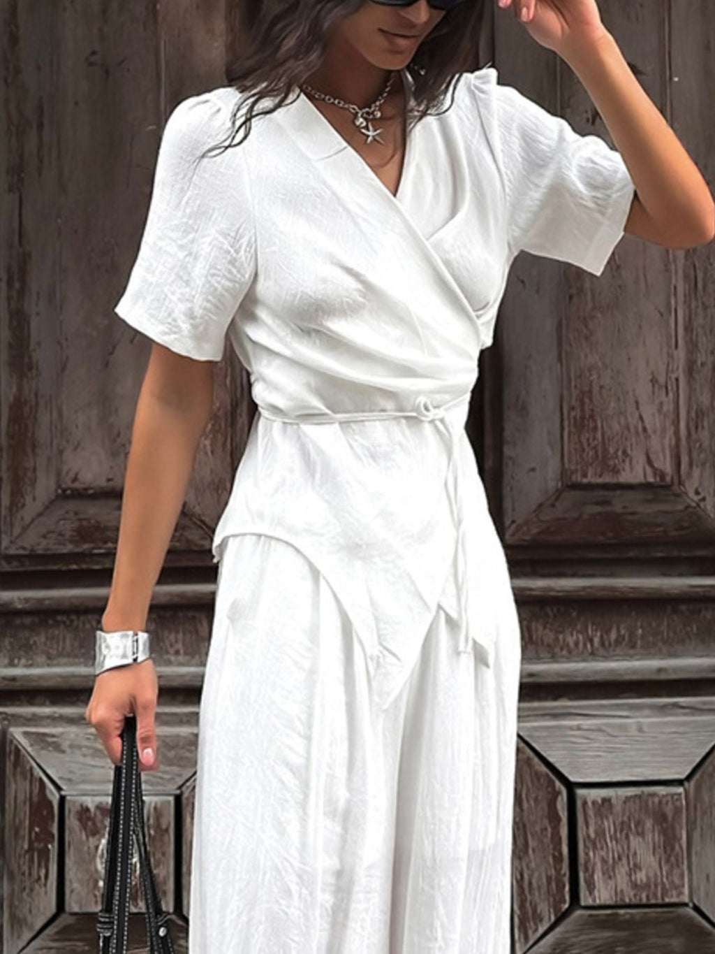 White Wrap Top & Wide Leg Pants Set | Bohemian Beach