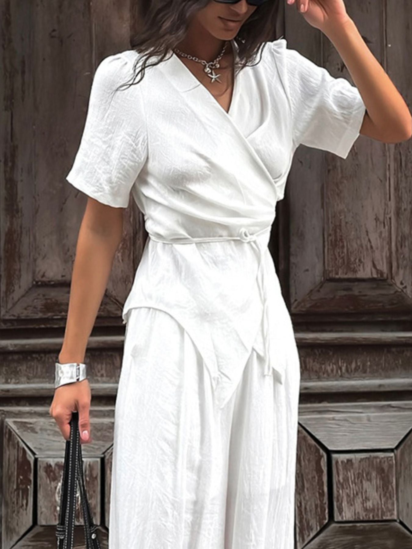 White Wrap Top & Wide Leg Pants Set | Bohemian Beach