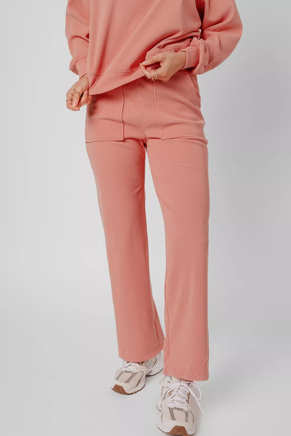 Women's Ribbed Round Neck Two-Piece Lounge Set with Pockets