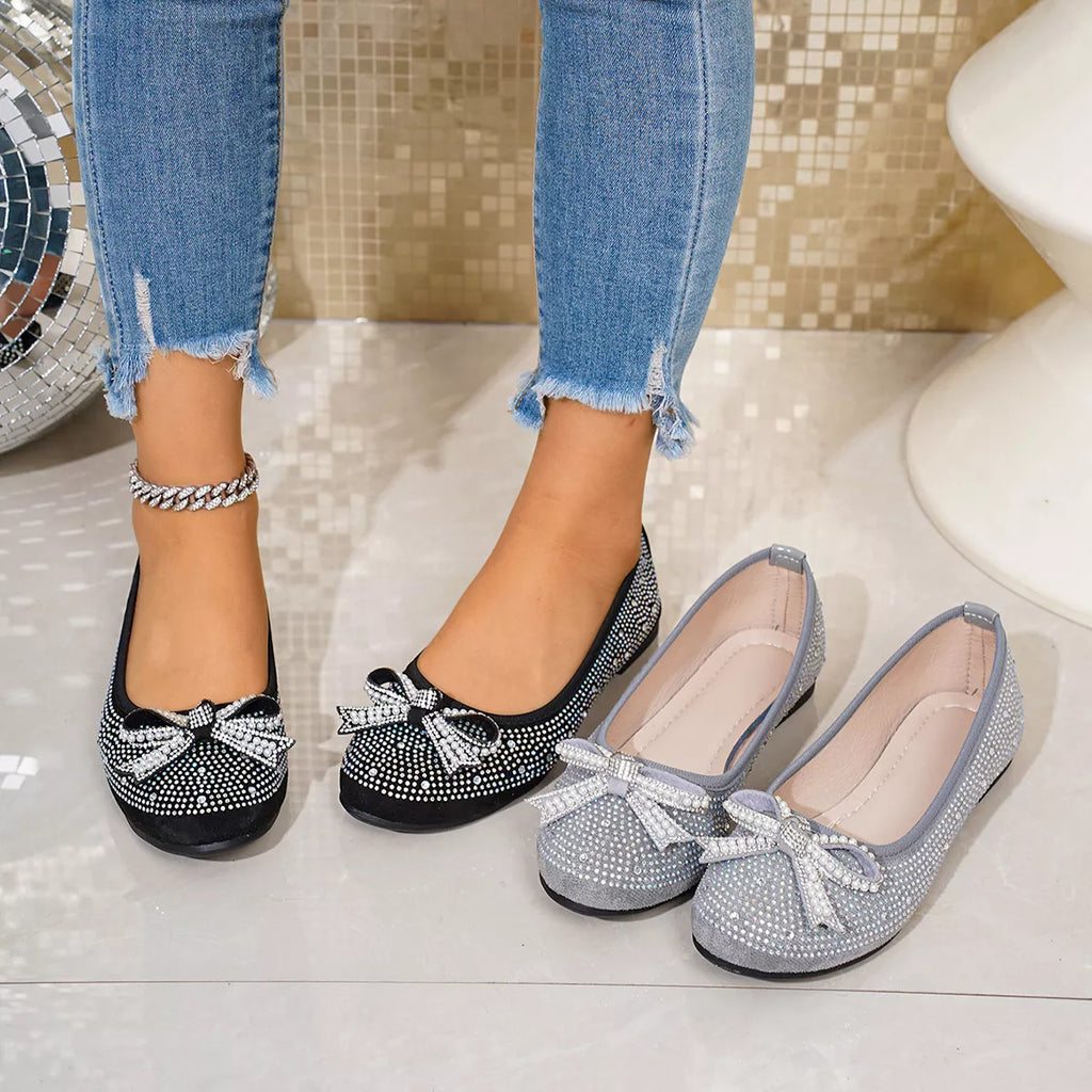Rhinestone Bow Accent Slip-On Flats in Black and Gray