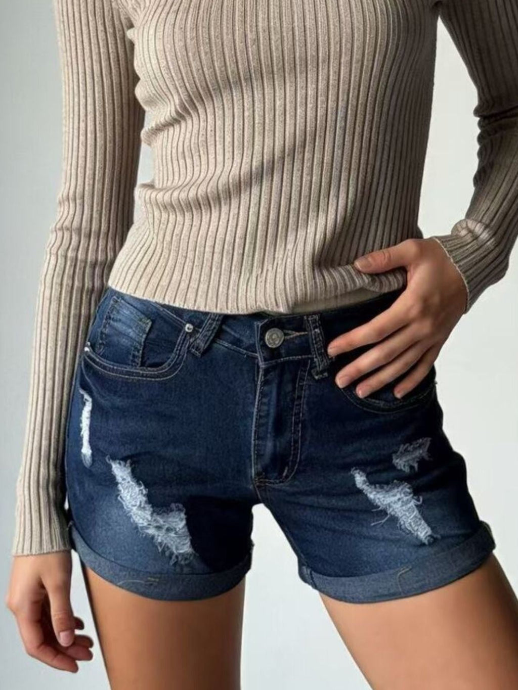 Women's Distressed Wash Denim Shorts with Cuffed Hem Details