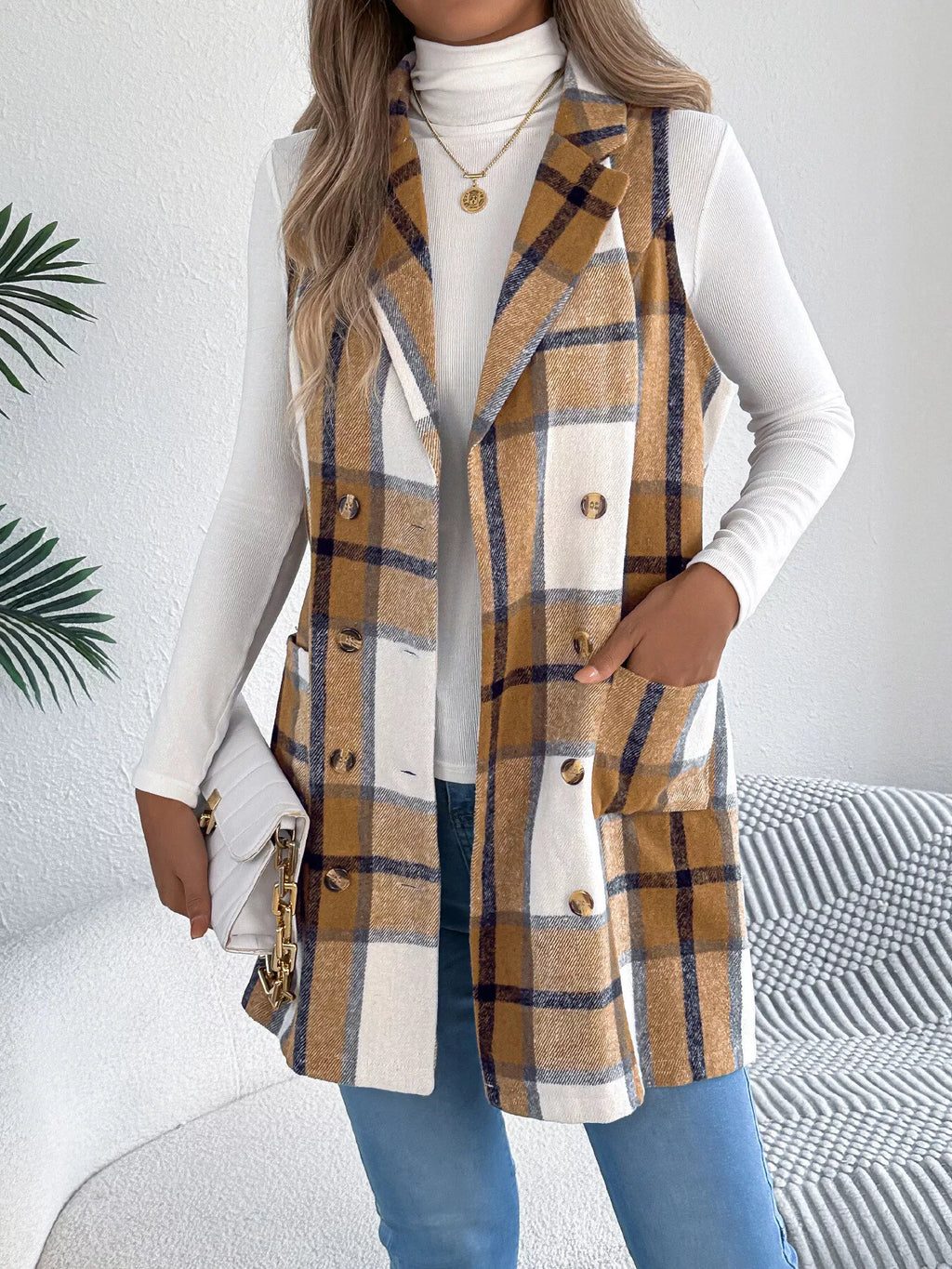 Women's Plaid Double-Breasted Vest Coat in Camel and White