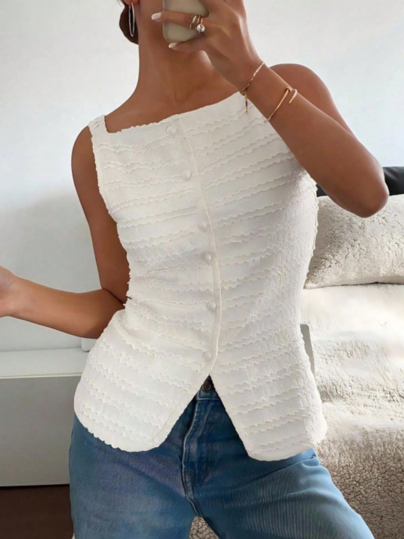 Women's Textured Button-Front Knit Tank Top