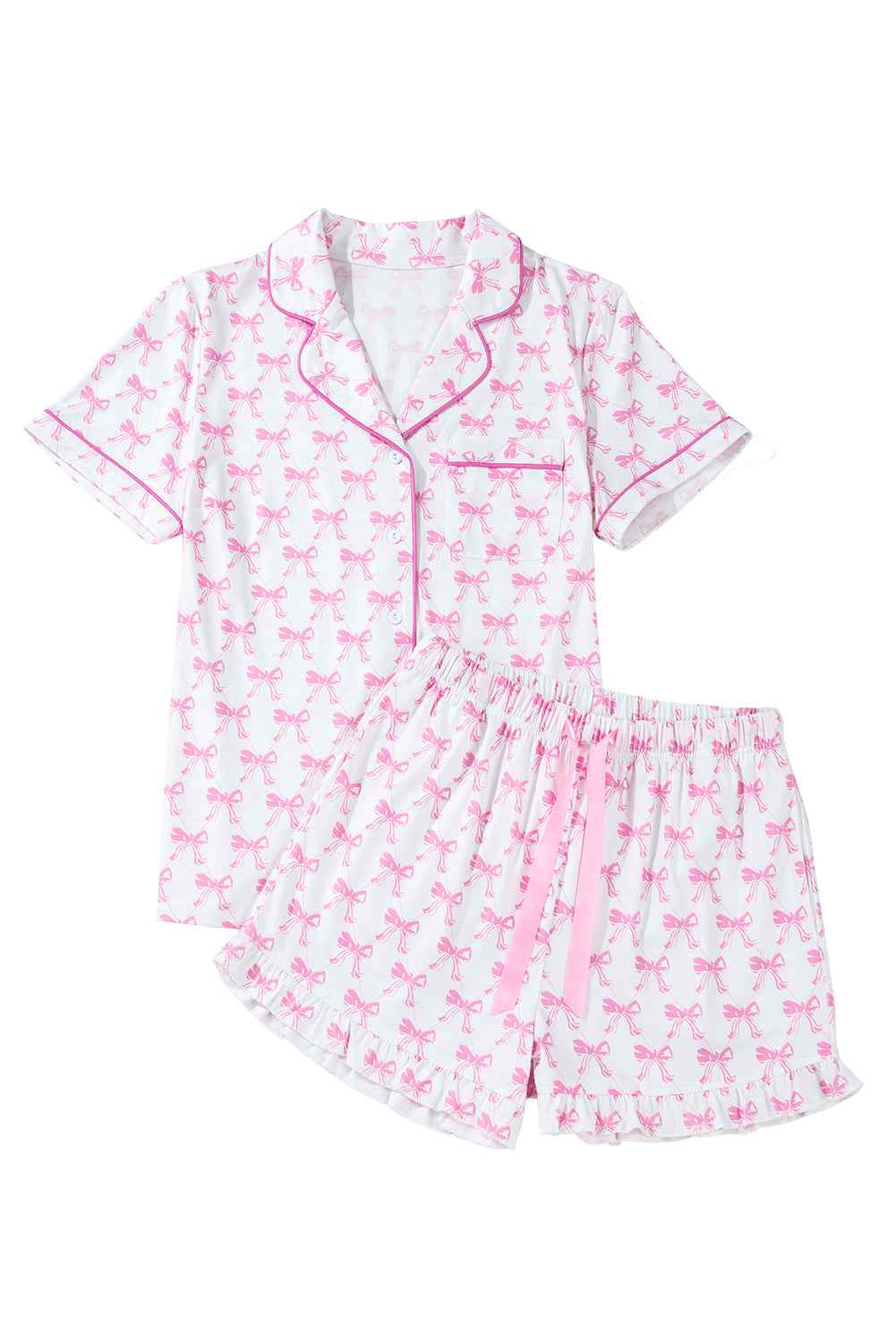 Pink Bowknot Print Ruffle Hem Pajamas
