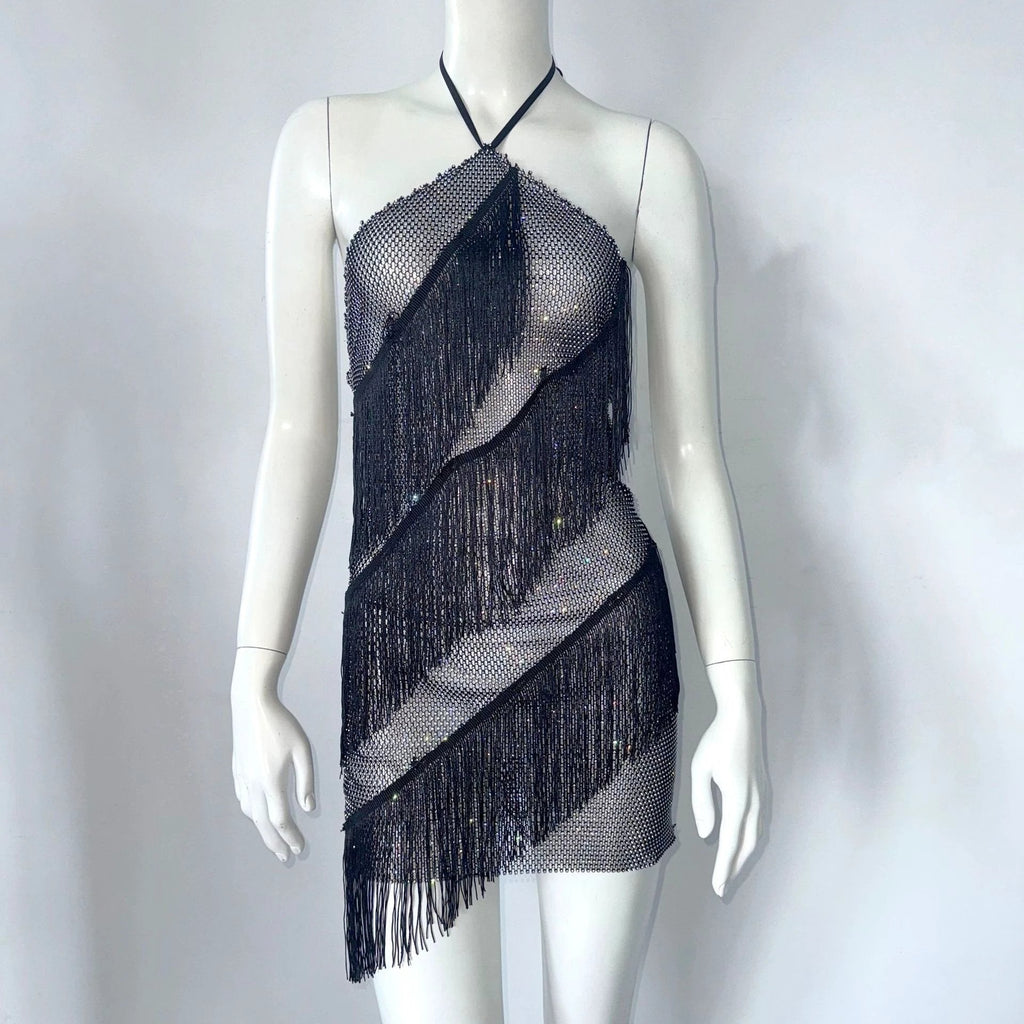 Fishnet Rhinestone Tight Tassel Halter Suspender Skirt