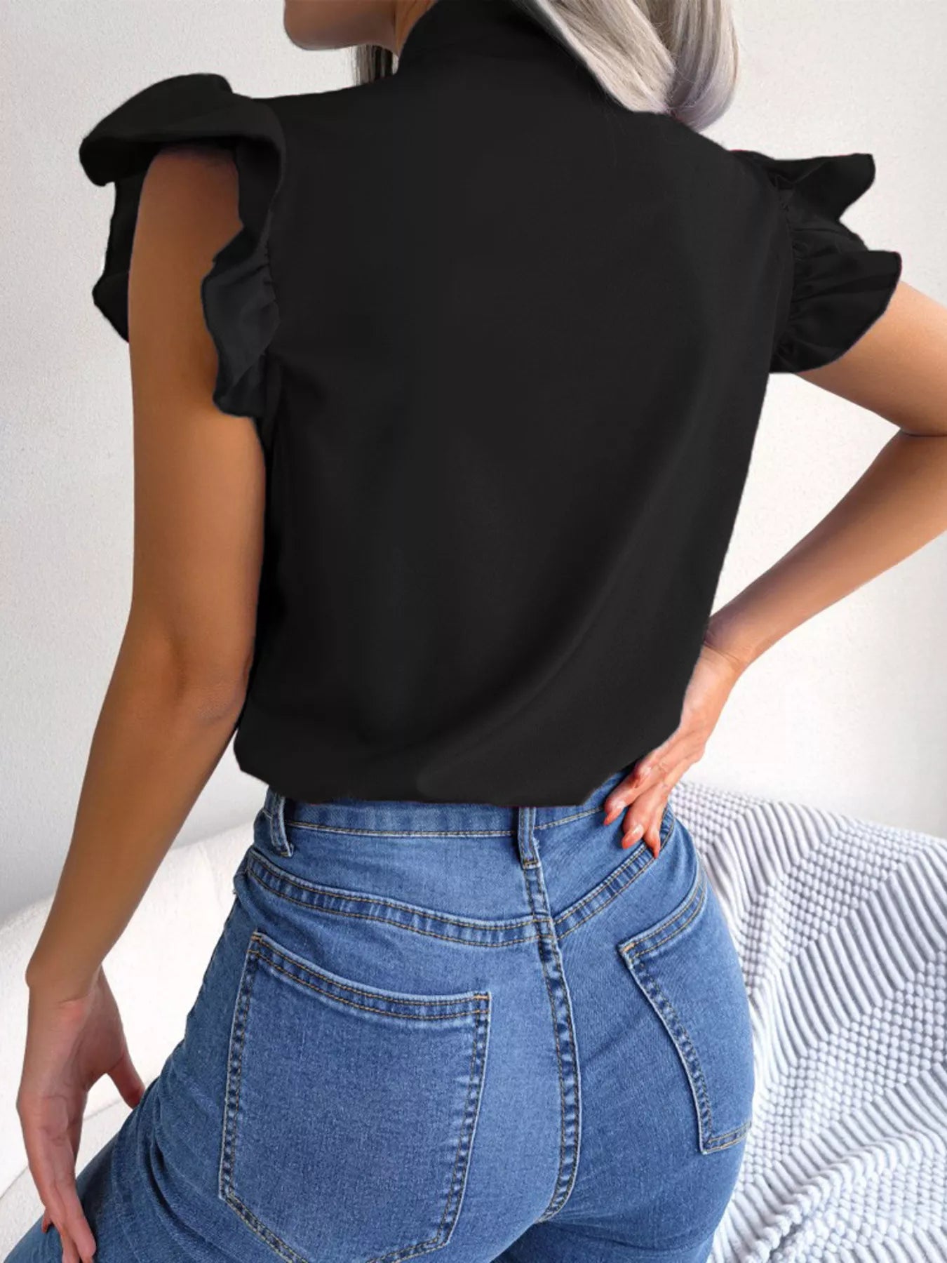 White Ruffle Sleeve Blouse with Elegant Bow Tie Detail