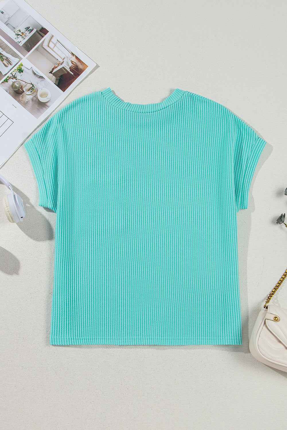 Light Blue Corded Color block Pocket Crew Neck Women's T-Shirt