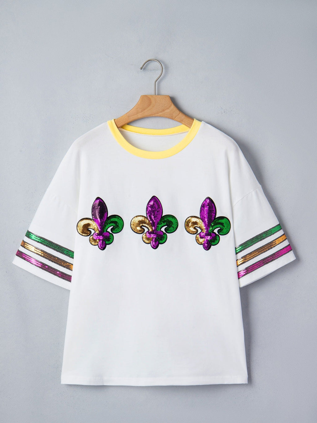 White Sequin Mardi Gras Fleur De Lis Graphic T-Shirt