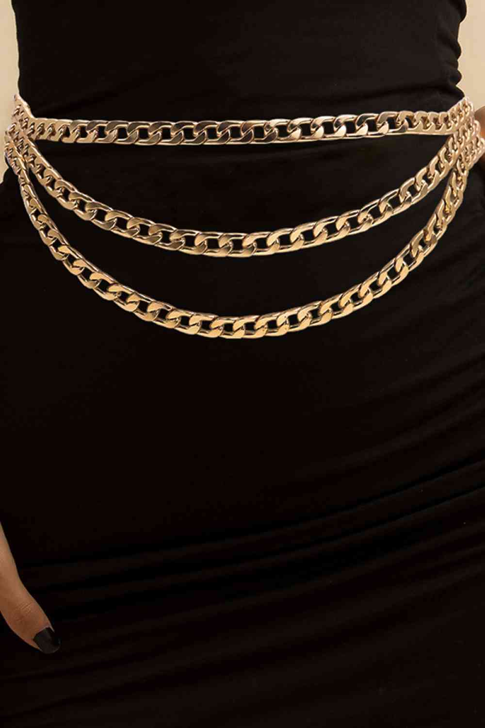 GlamourStyle Metal Triple-Layered Chain Belt – Eye-Catching Fashion Accessory See size chart under “more details”