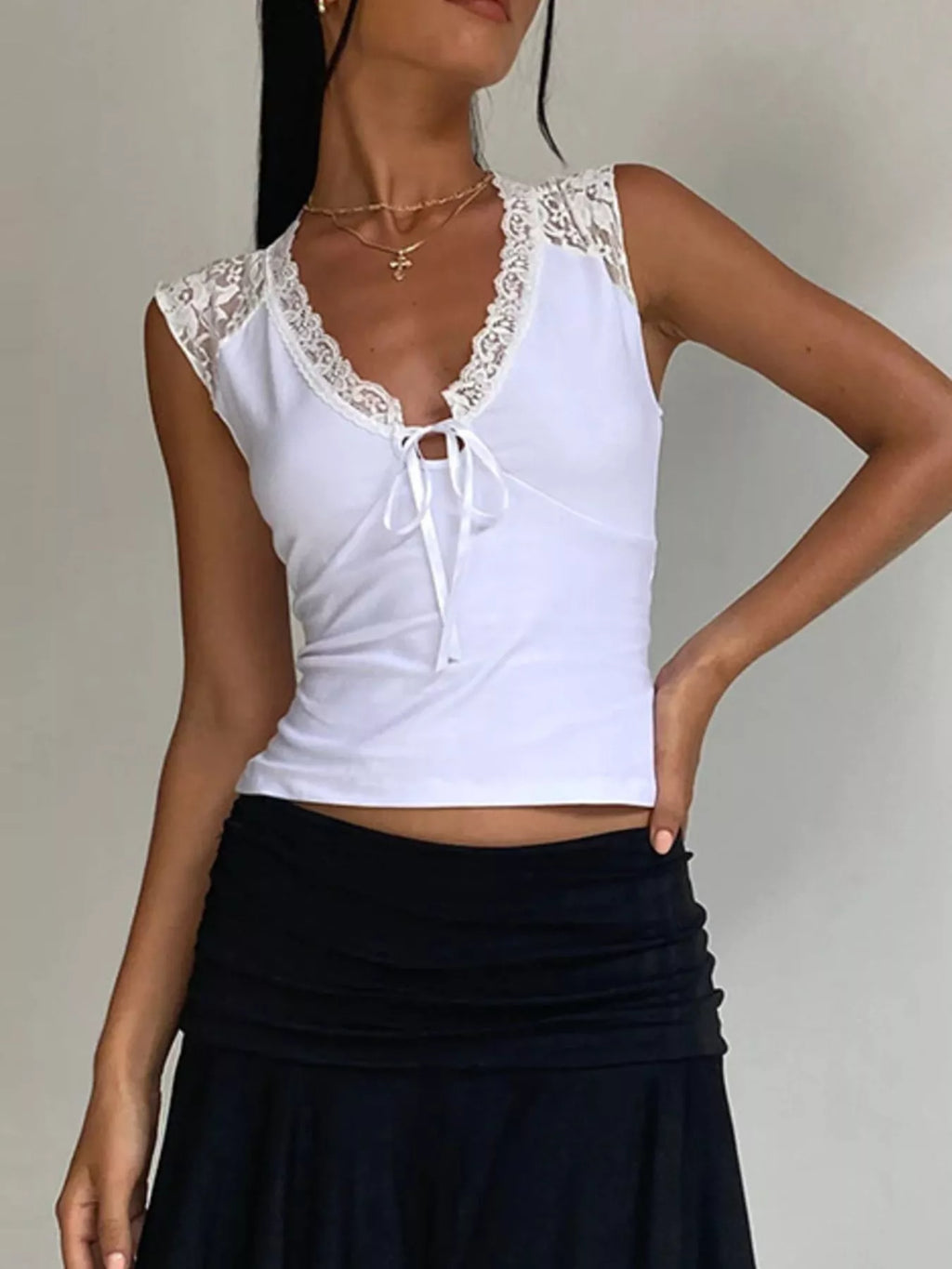 White Sleeveless V-Neck Tank Top with Lace Trim and Front Tie