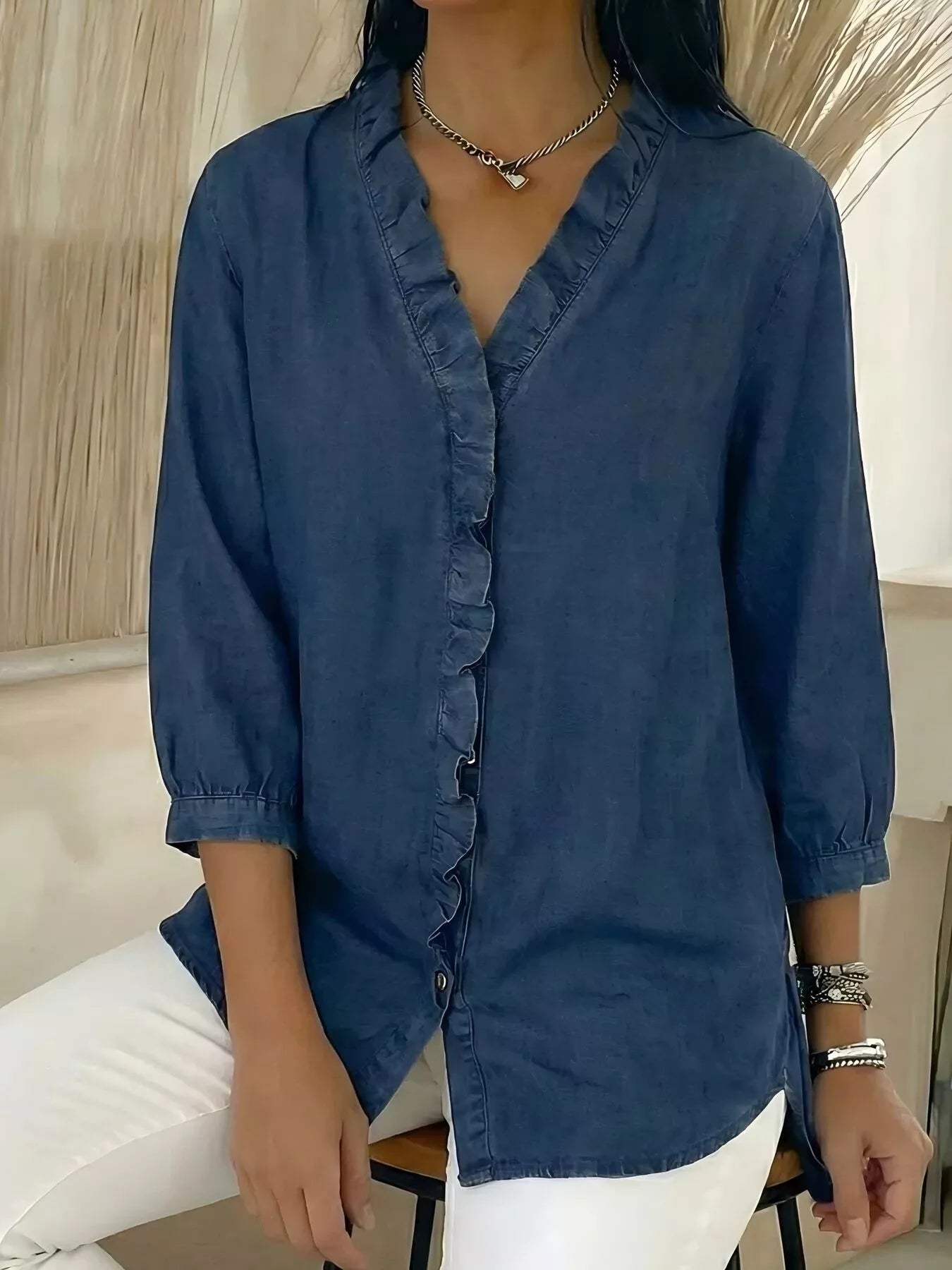 Women's V-Neck Ruffled Button Down Shirt Plus Size