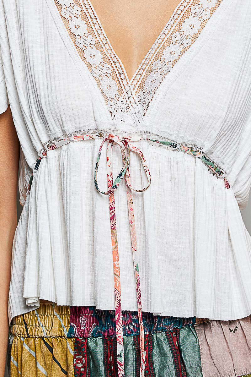 White Tied Ruffled V-Neck Short Sleeve Blouse with Lace Details