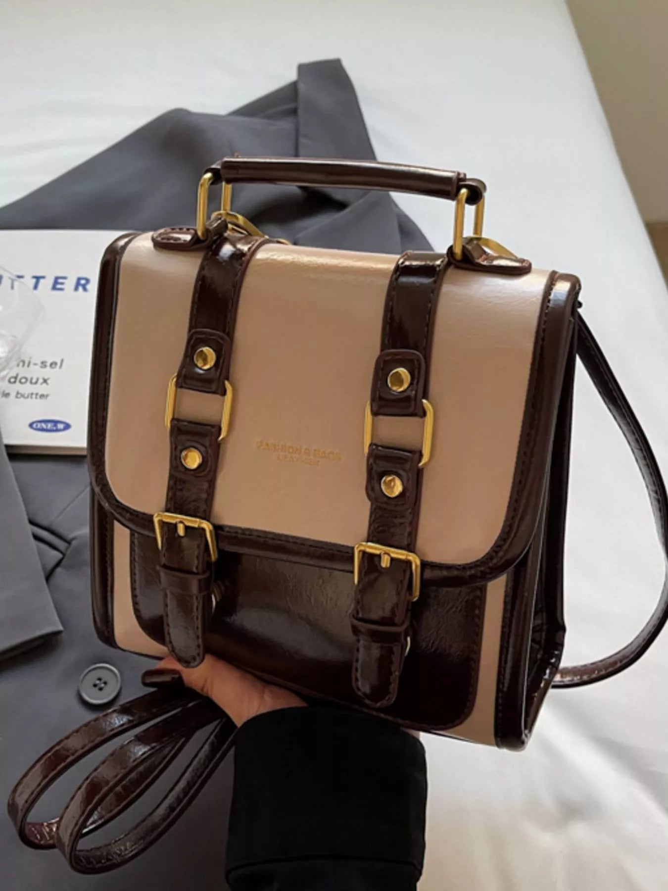 Two-Tone Brown and Beige Small Buckle Flap Backpack