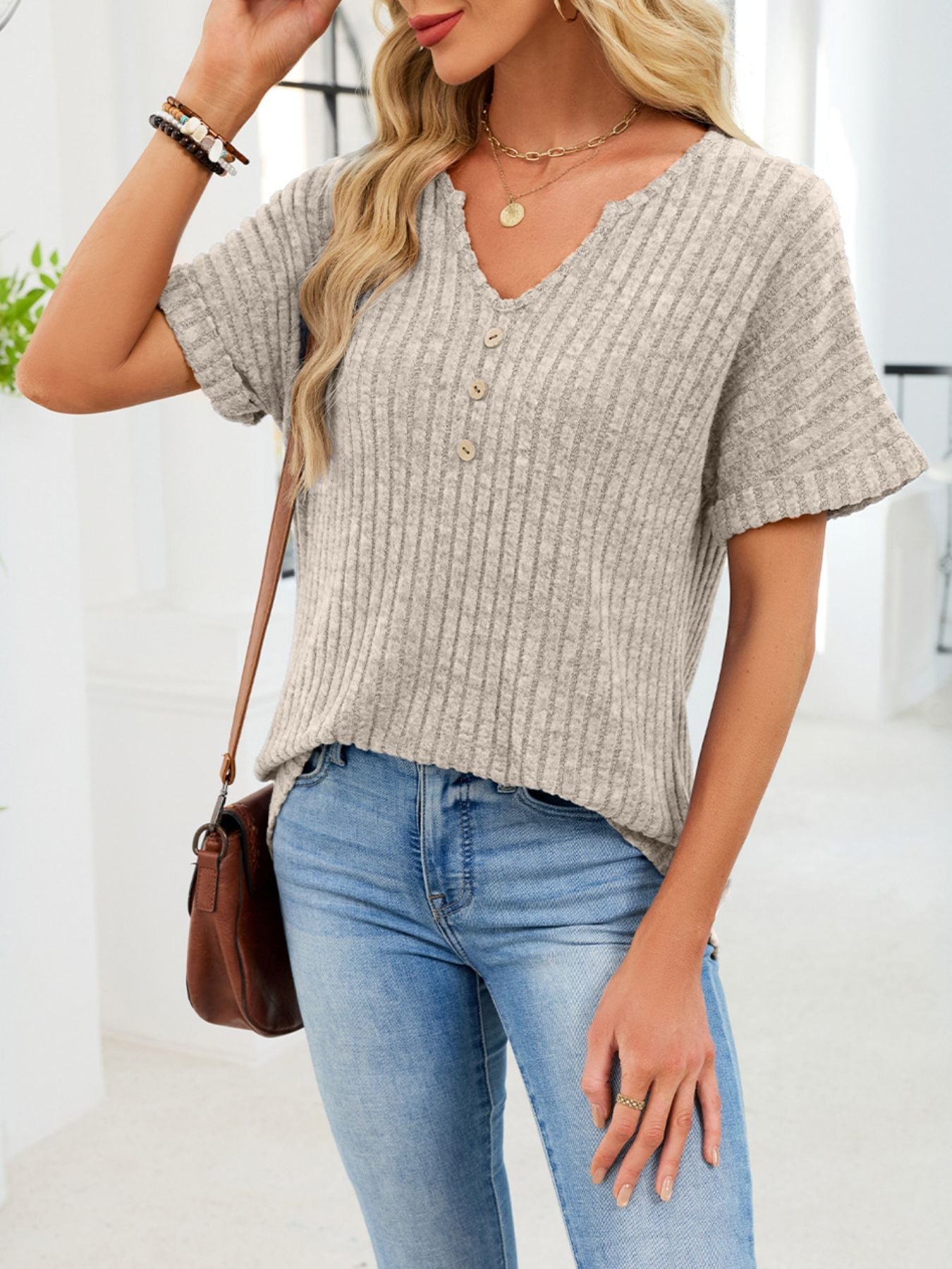 Women's Ribbed Knit Short Sleeve V-Neck T-Shirt with Buttons