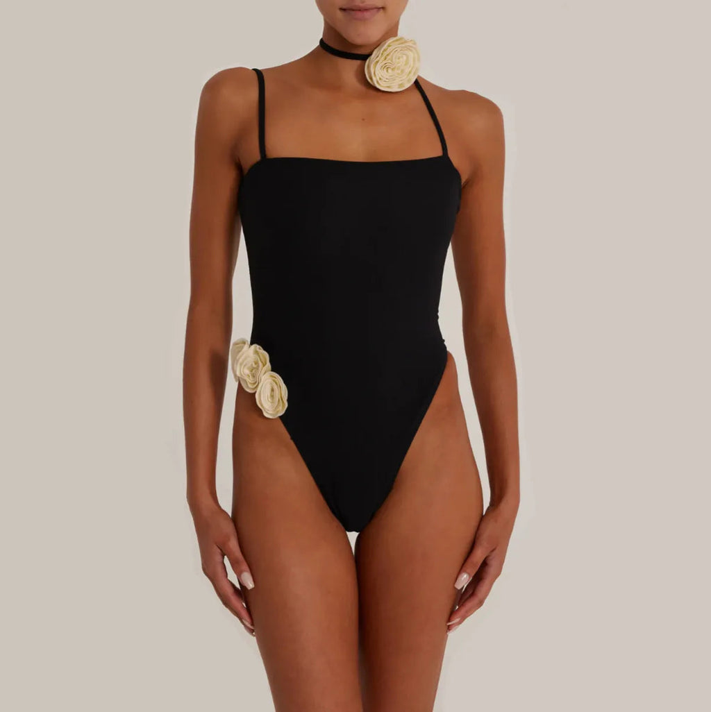 Catania Cruise Black Swimsuit with Rose Detail