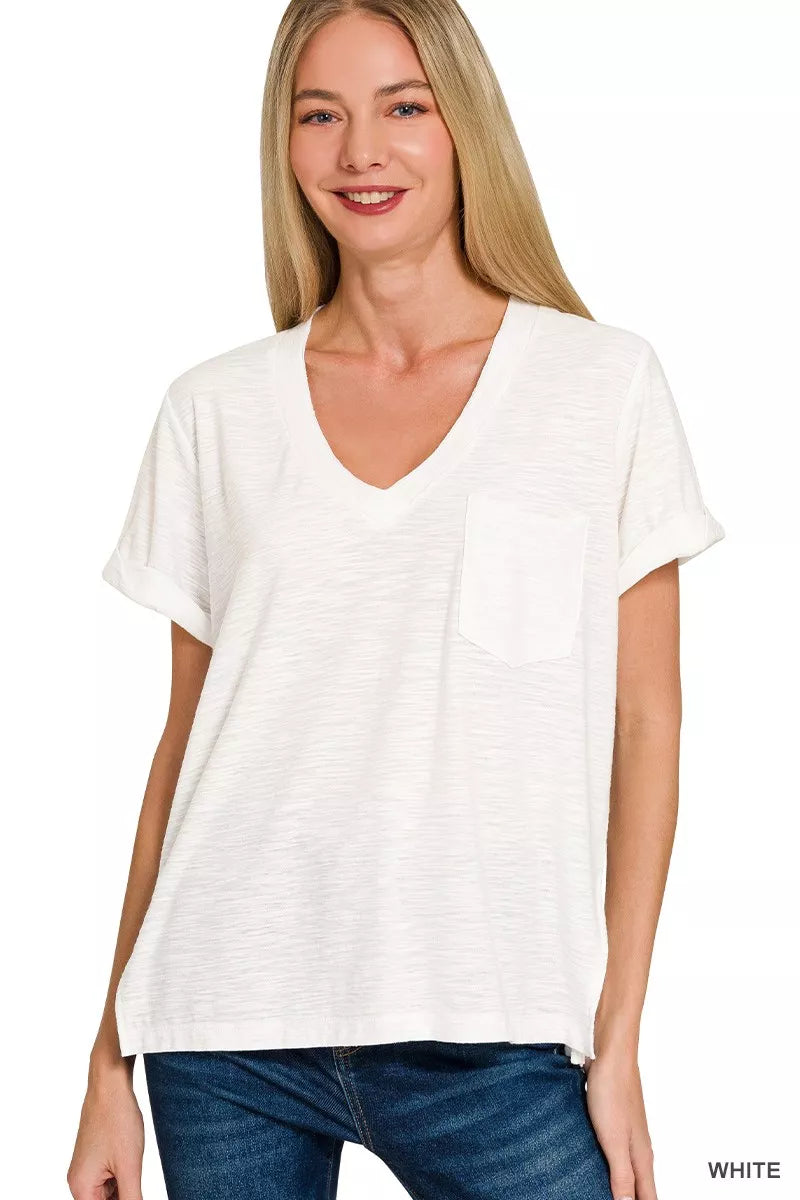 White Slub Rolled Short Sleeve V-Neck Pocket Tee for Women