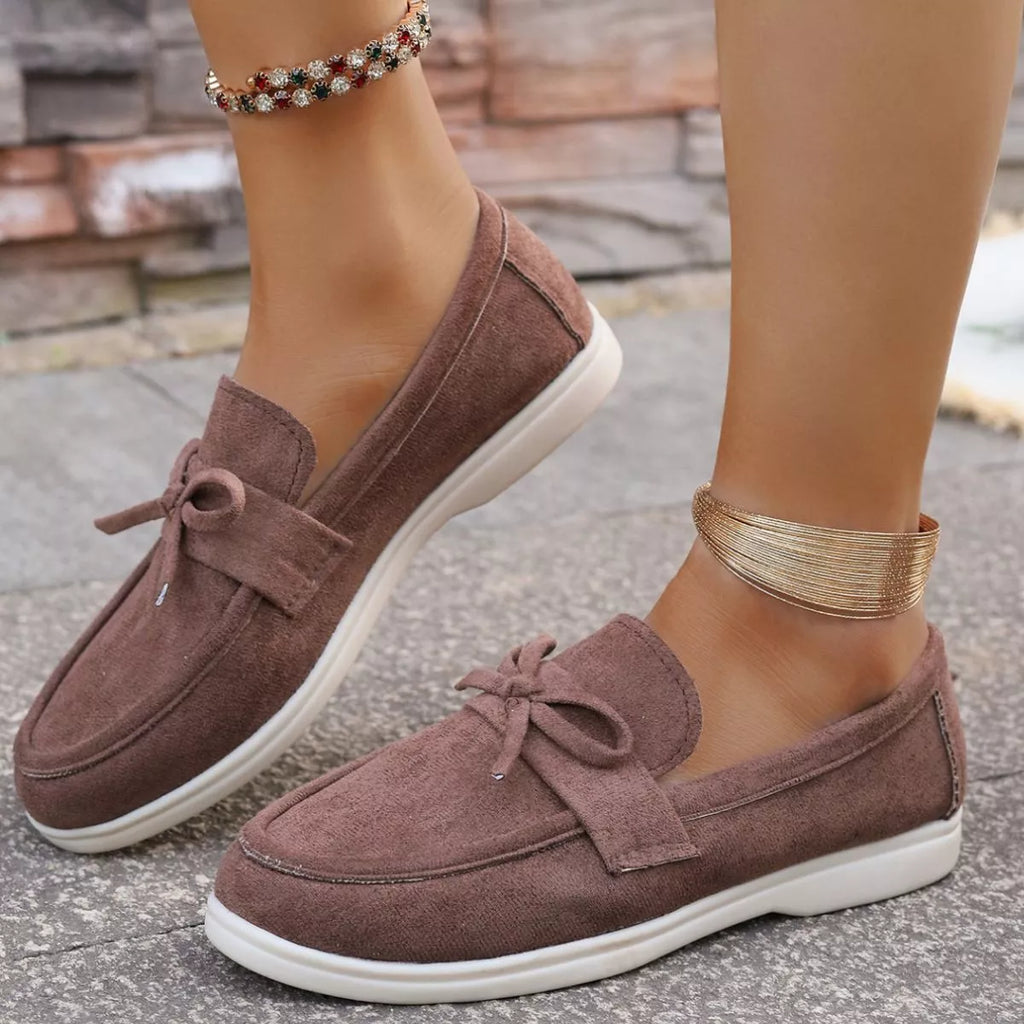 Women's Gray Suede Bow Slip-On Flats Round Toe Casual Shoes