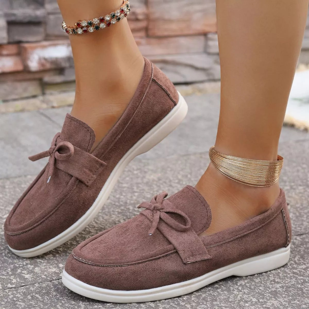 Women's Gray Suede Bow Slip-On Flats Round Toe Casual Shoes