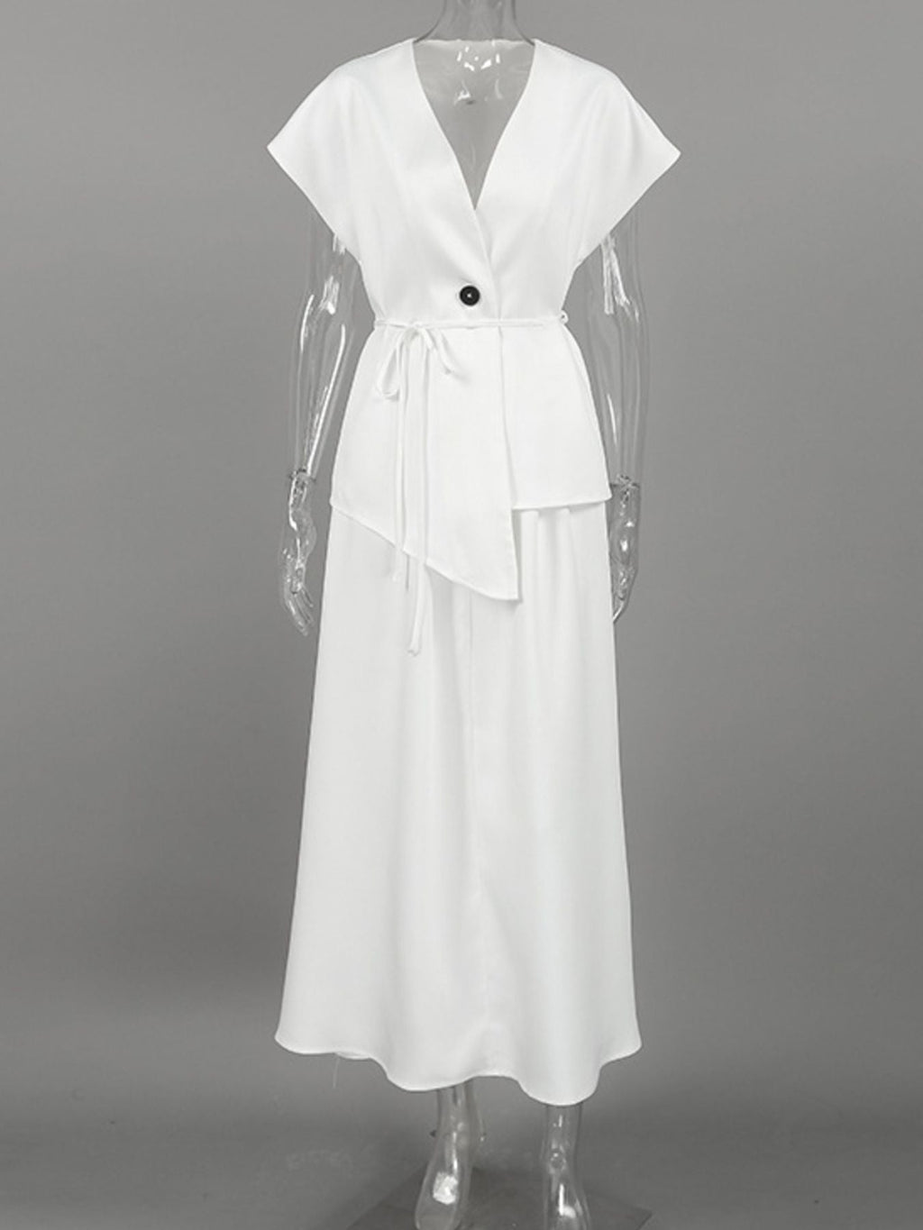 White V-Neck Two-Piece Set | Button Top & A-Line Skirt
