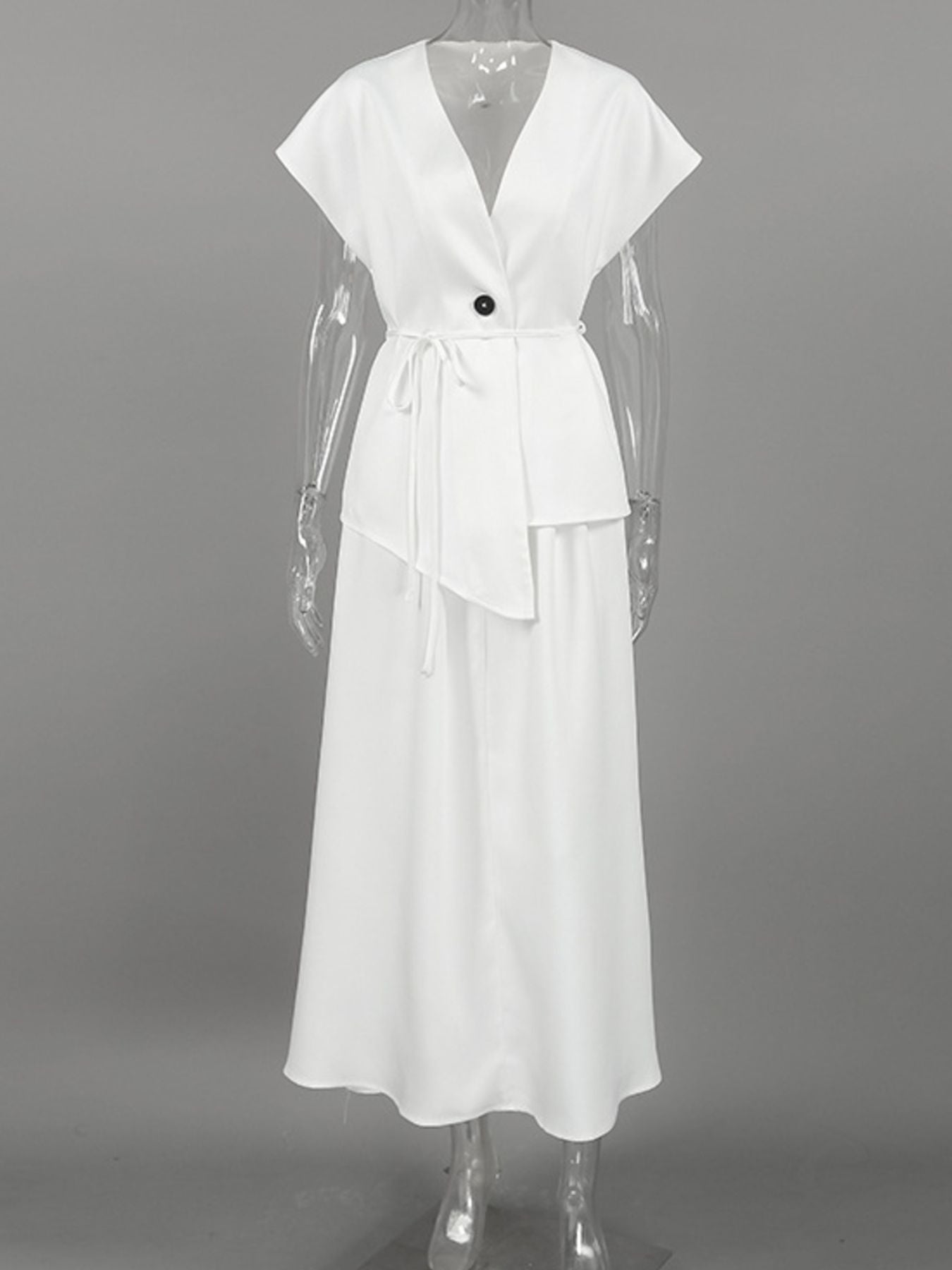 White V-Neck Two-Piece Set | Button Top & A-Line Skirt
