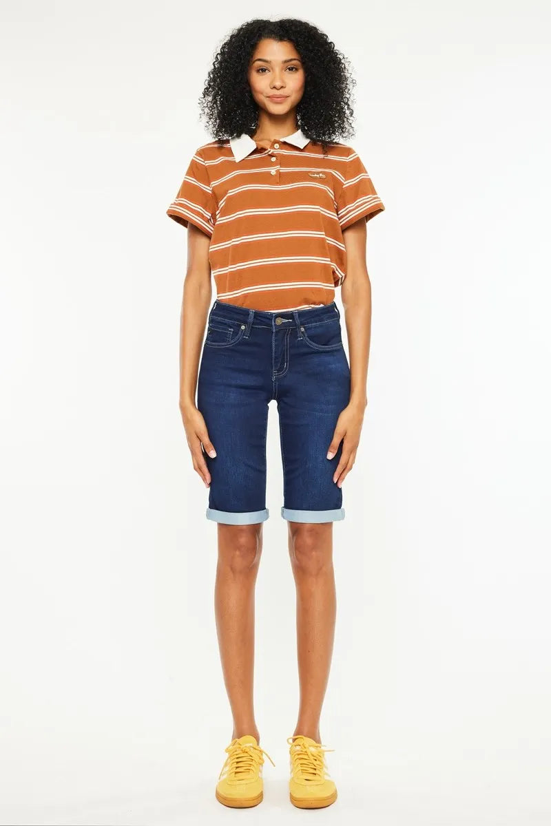 Kancan Mid Rise Bermuda Denim Shorts – Pocketed Slightly Stretchy