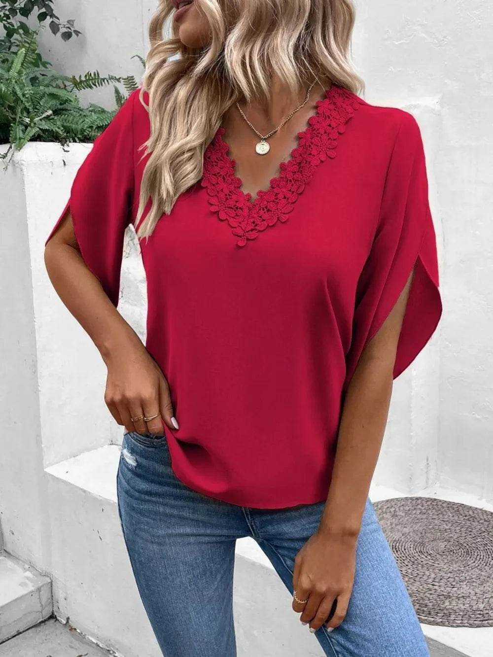 Lace Detail V-Neck Half Sleeve Women's Blouse
