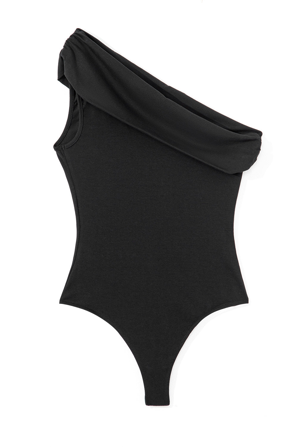 Black Solid Color Pleated One Shoulder Bodysuit Women's Top