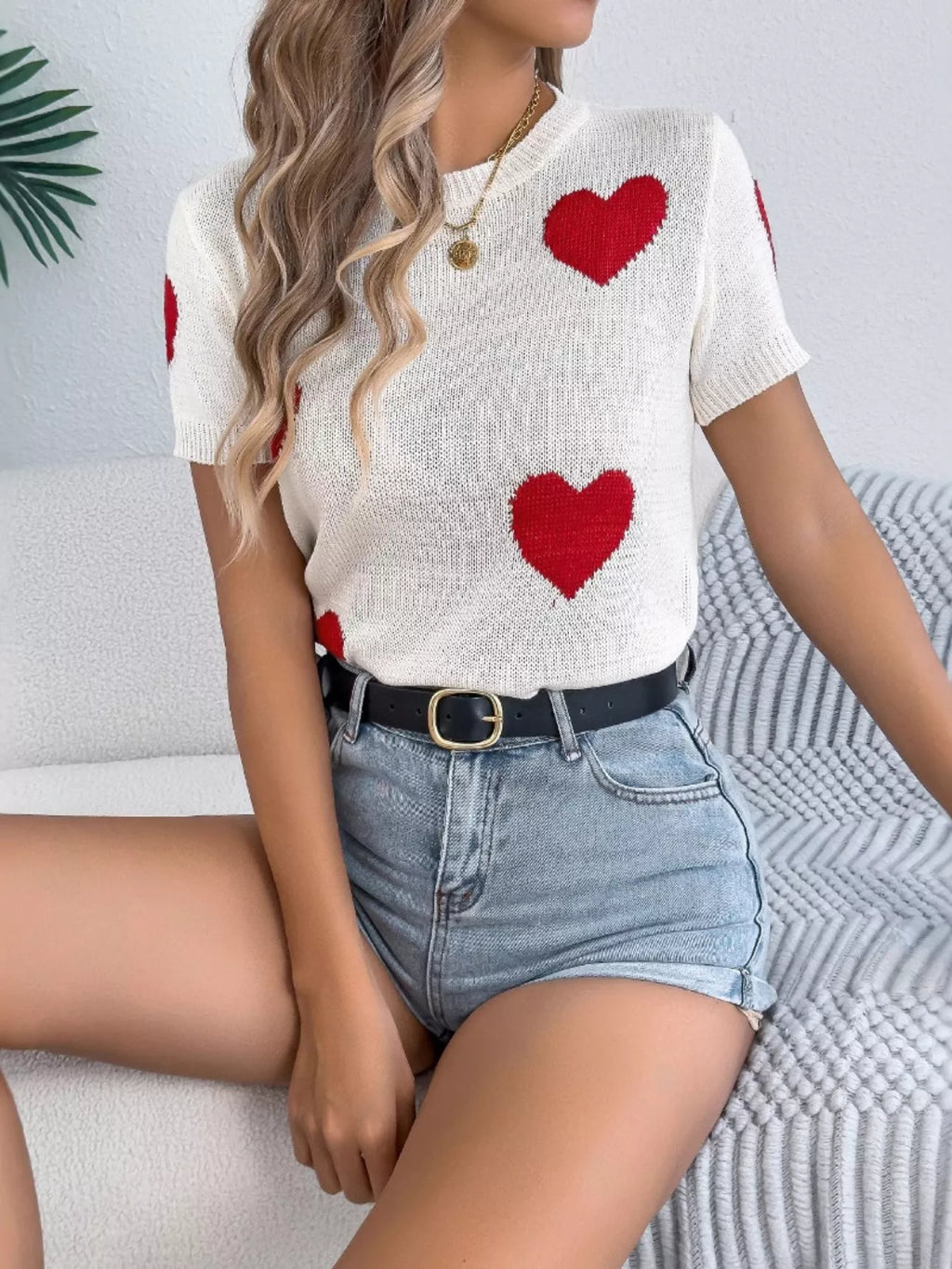 Women's Cream Heart Pattern Short Sleeve Knit Sweater Top